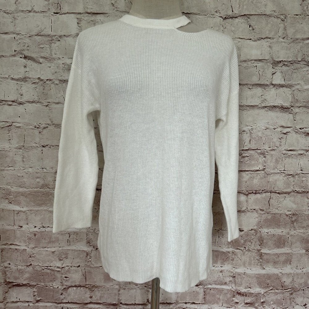 Halogen Ivory Crewneck Pullover Knit Sweater Cutout Neck 3/4 Sleeve Size XS NEW